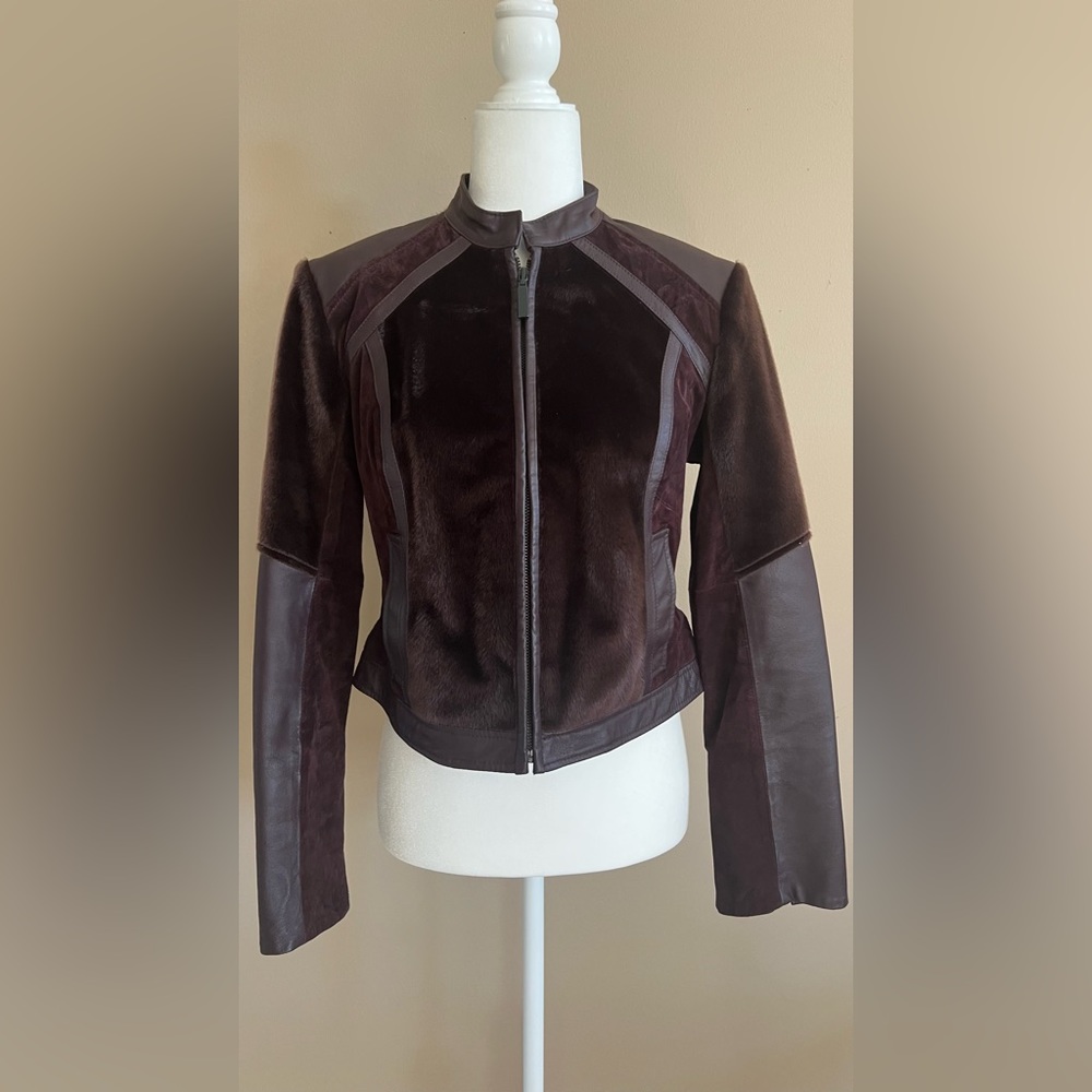 Leather, faux calf hair and suede jacket
